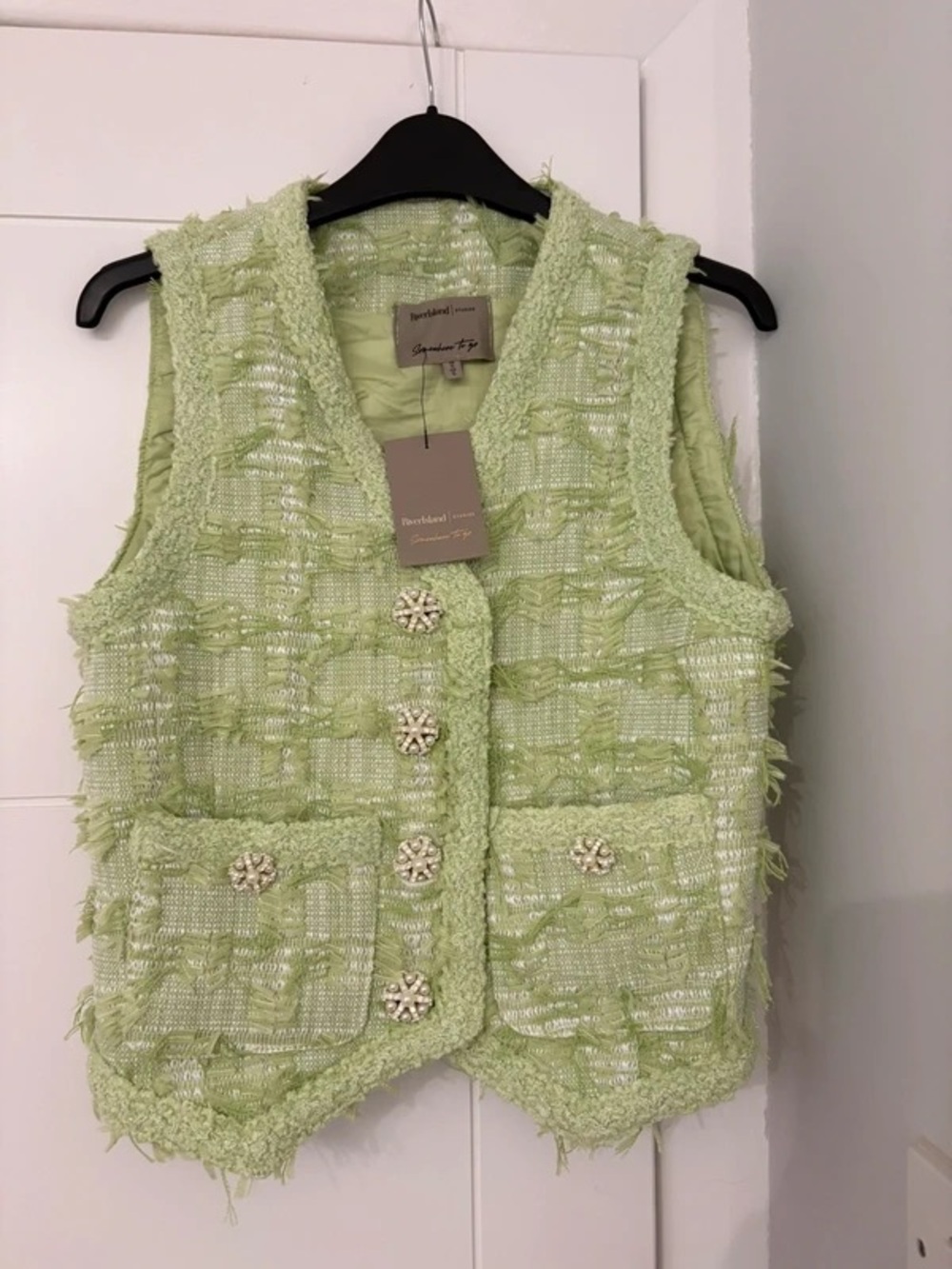 River Island Light Green Tweed Vest with Pearl Cluster Buttons